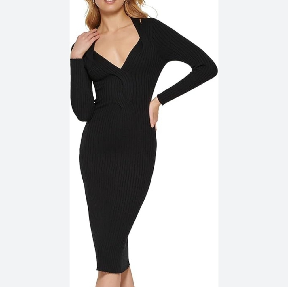 NWT Donna Karan Black V Neck Body Con Ribbed Knit Dress Org. 295 Size XL